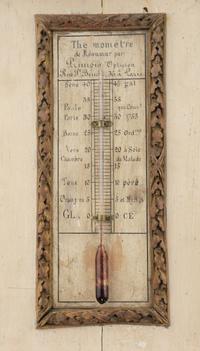A Louis XVI Carved, Painted and Parcel Gilt Thermometer and Barometer
