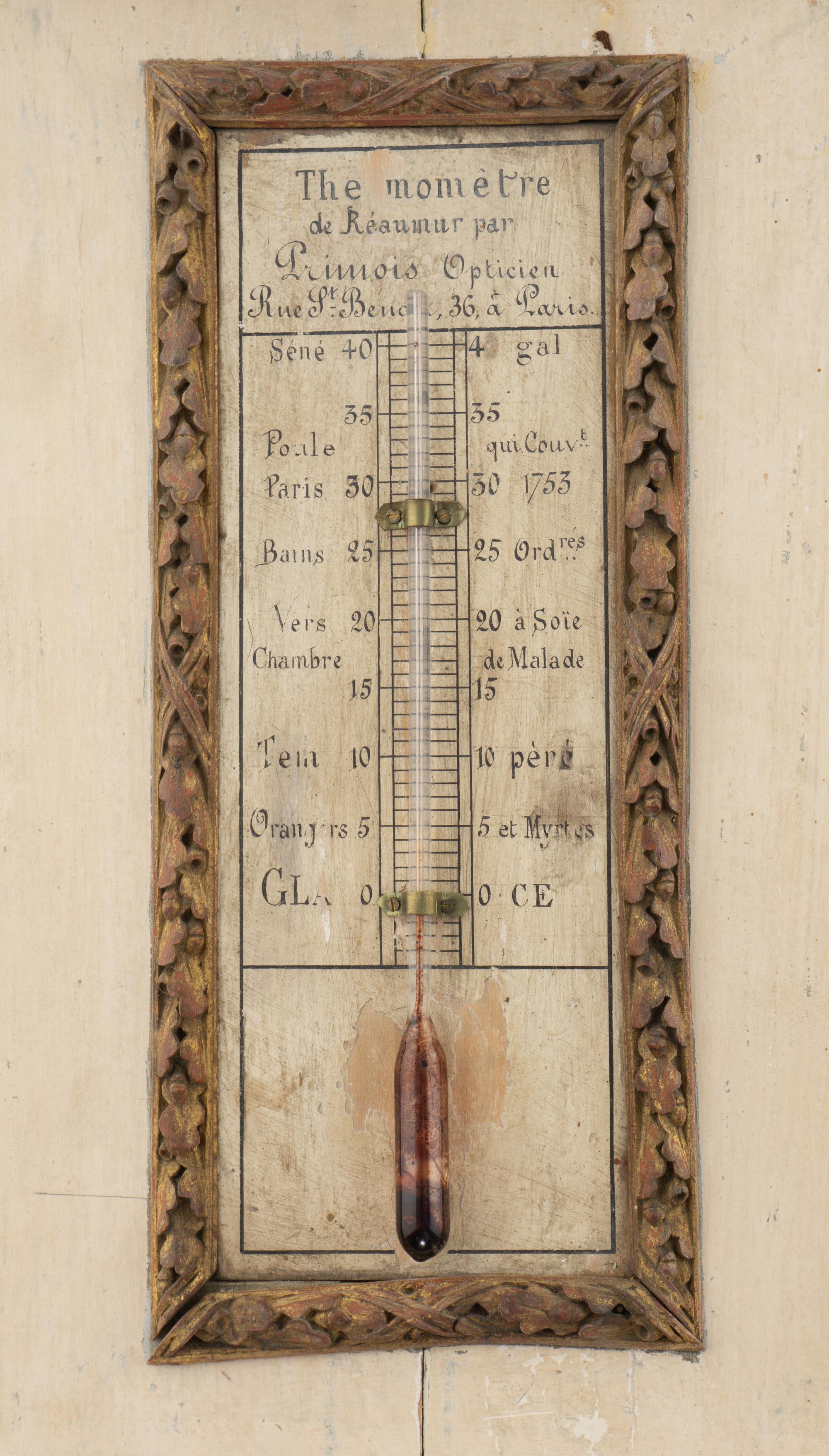 A Louis XVI Carved, Painted and Parcel Gilt Thermometer and Barometer