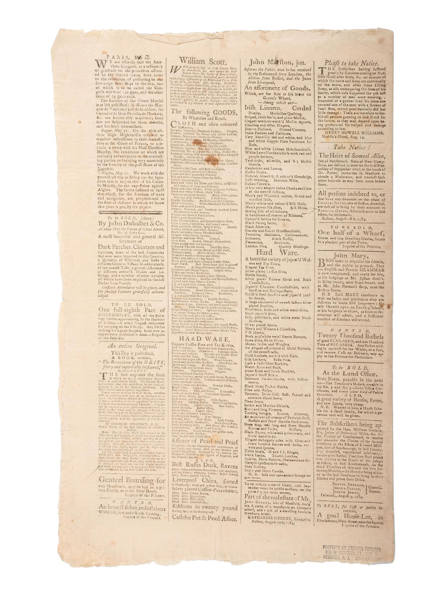 [VERMONT STATEHOOD]. Independent Chronicle and the Universal Advertiser. Vol. XVI, No. 831. Boston, MA: Adams and Nourse, 26 August 1784.