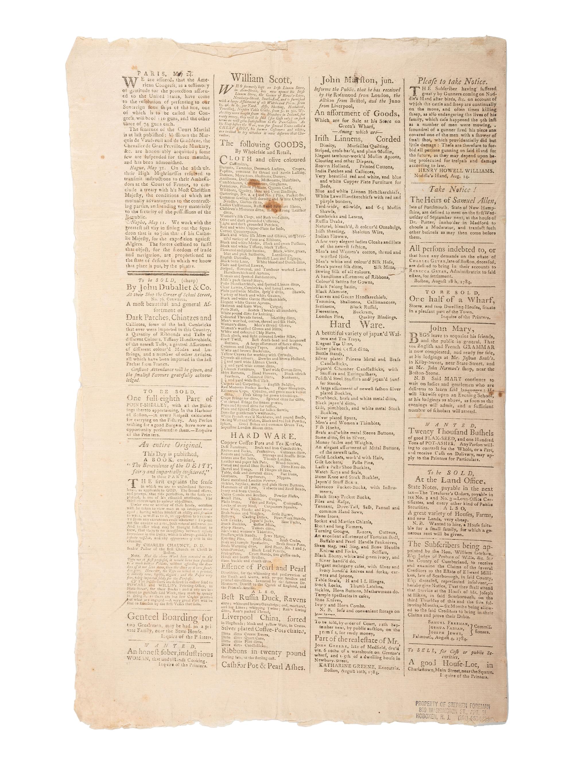 [VERMONT STATEHOOD]. Independent Chronicle and the Universal Advertiser. Vol. XVI, No. 831. Boston, MA: Adams and Nourse, 26 August 1784.