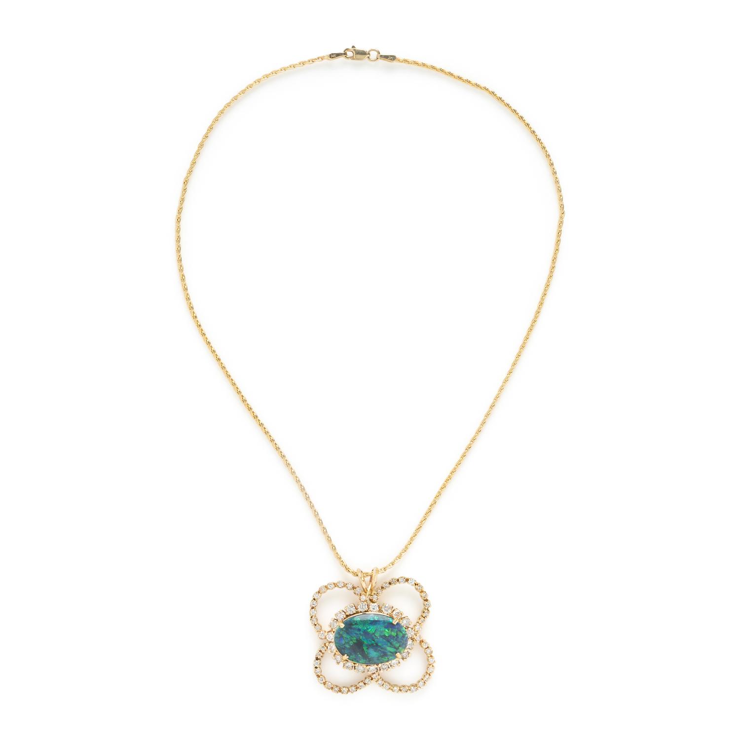 Black Opal, Diamond, and Yellow Gold Pendant and Chain Necklace