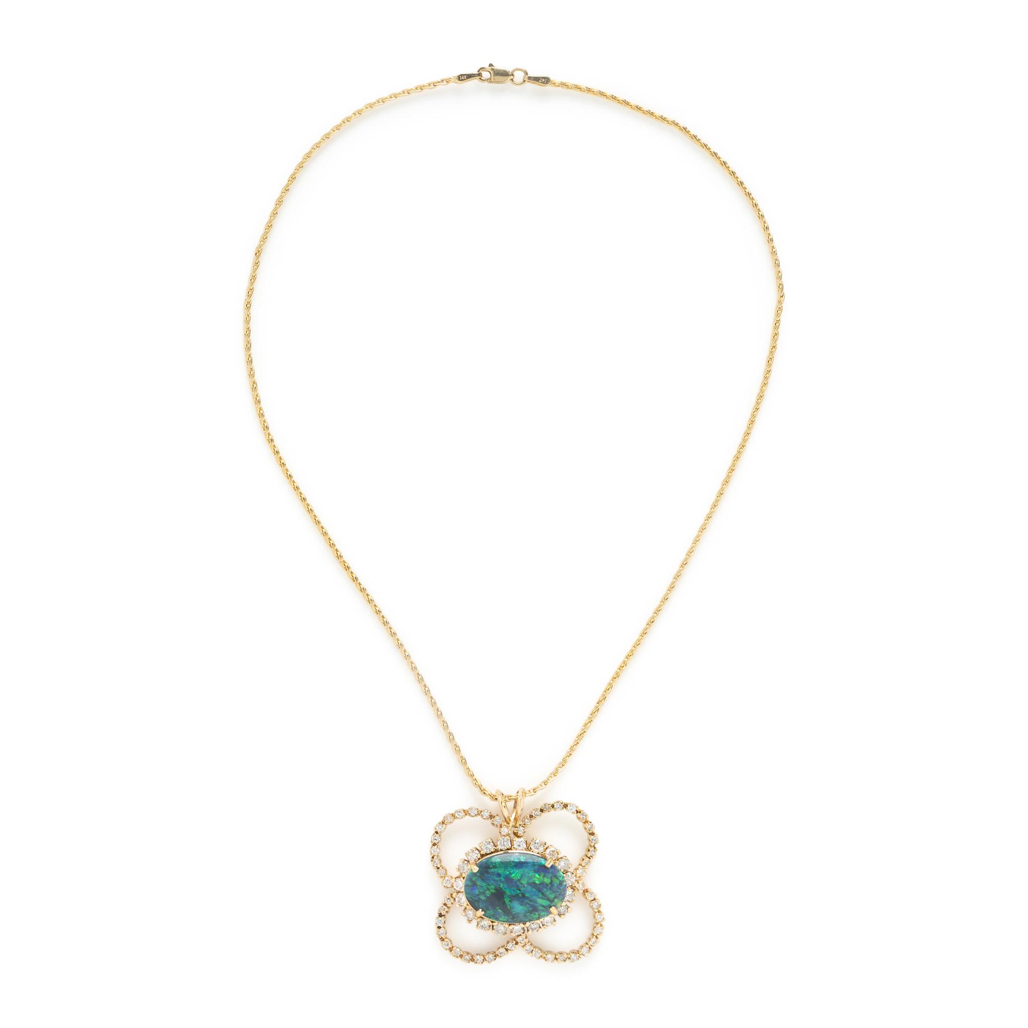 Black Opal, Diamond, and Yellow Gold Pendant and Chain Necklace