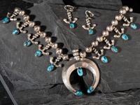 Navajo Silver and Bisbee Turquoise Anchor Squash Blossom Necklace and Clip Matching Earrings