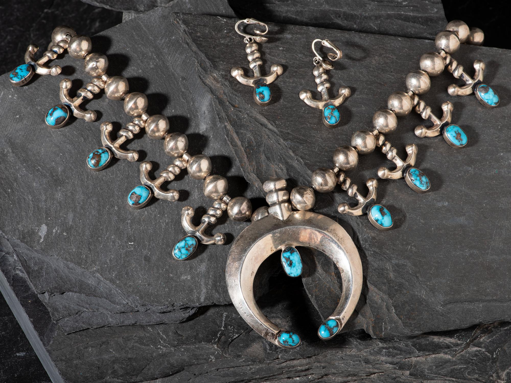 Navajo Silver and Bisbee Turquoise Anchor Squash Blossom Necklace and Clip Matching Earrings