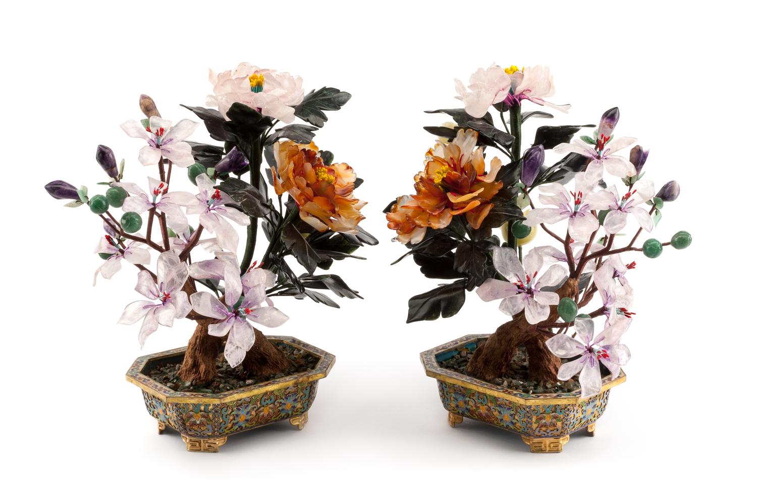 A Pair of Chinese Hardstone Floral Arrangements Height 11 inches.
