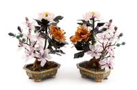 A Pair of Chinese Hardstone Floral Arrangements Height 11 inches.
