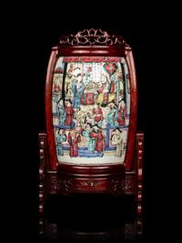 A Chinese Famille Rose Porcelain Plaque Mounted Table Screen