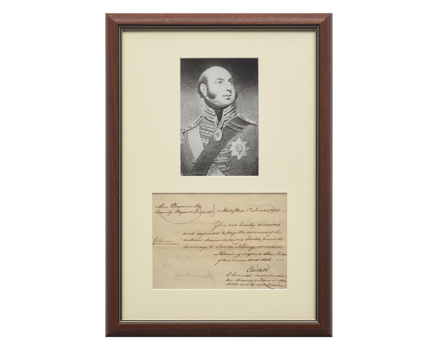 [Canadiana] Edward, Prince, Duke of Kent and Strathearn. Manuscript Document, signed