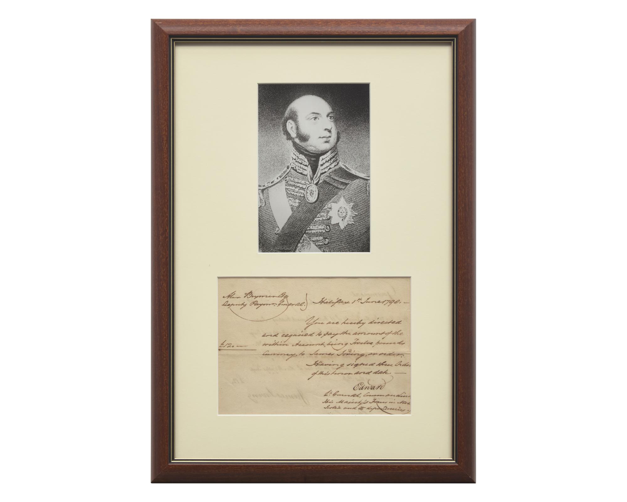 [Canadiana] Edward, Prince, Duke of Kent and Strathearn. Manuscript Document, signed