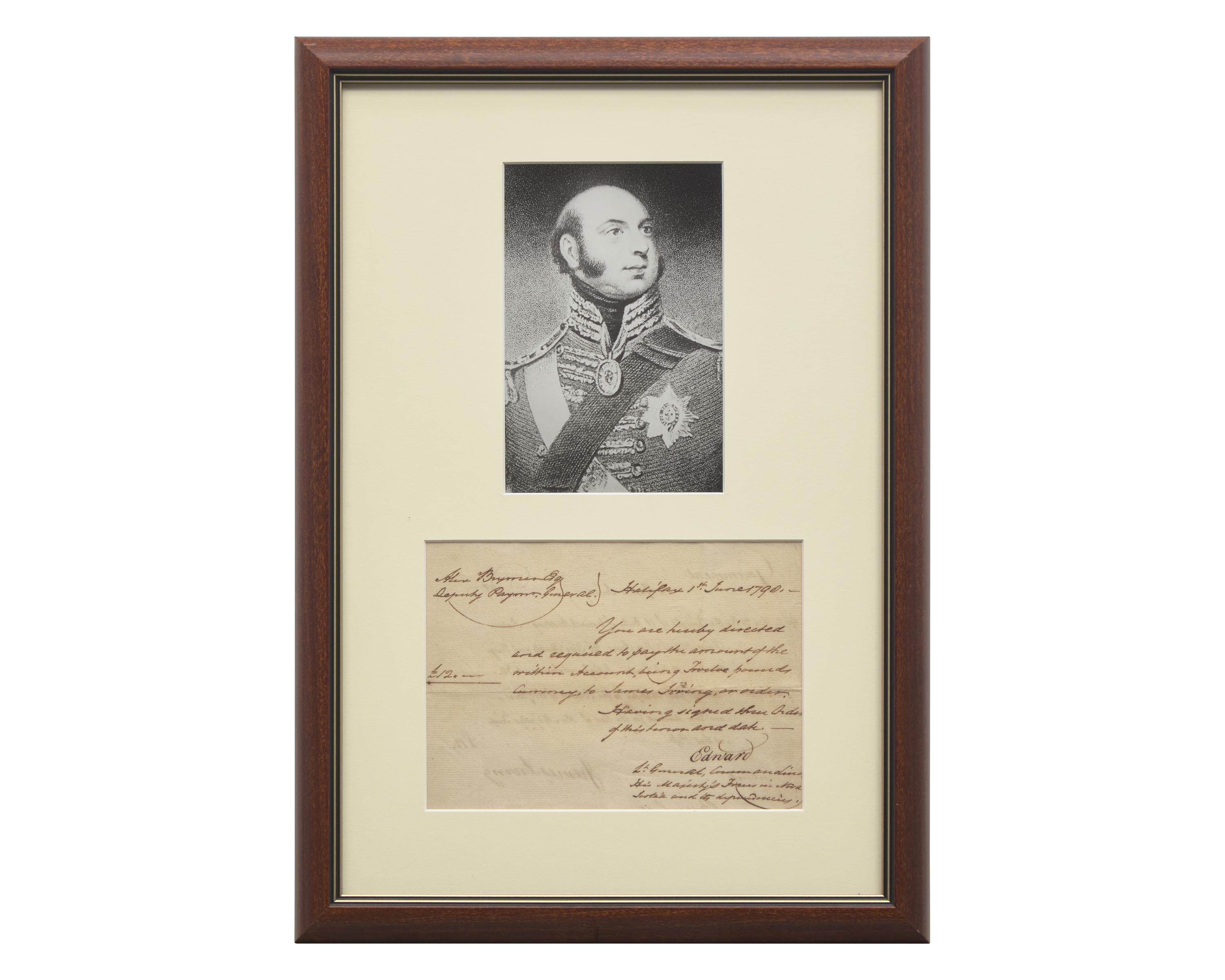 [Canadiana] Edward, Prince, Duke of Kent and Strathearn. Manuscript Document, signed