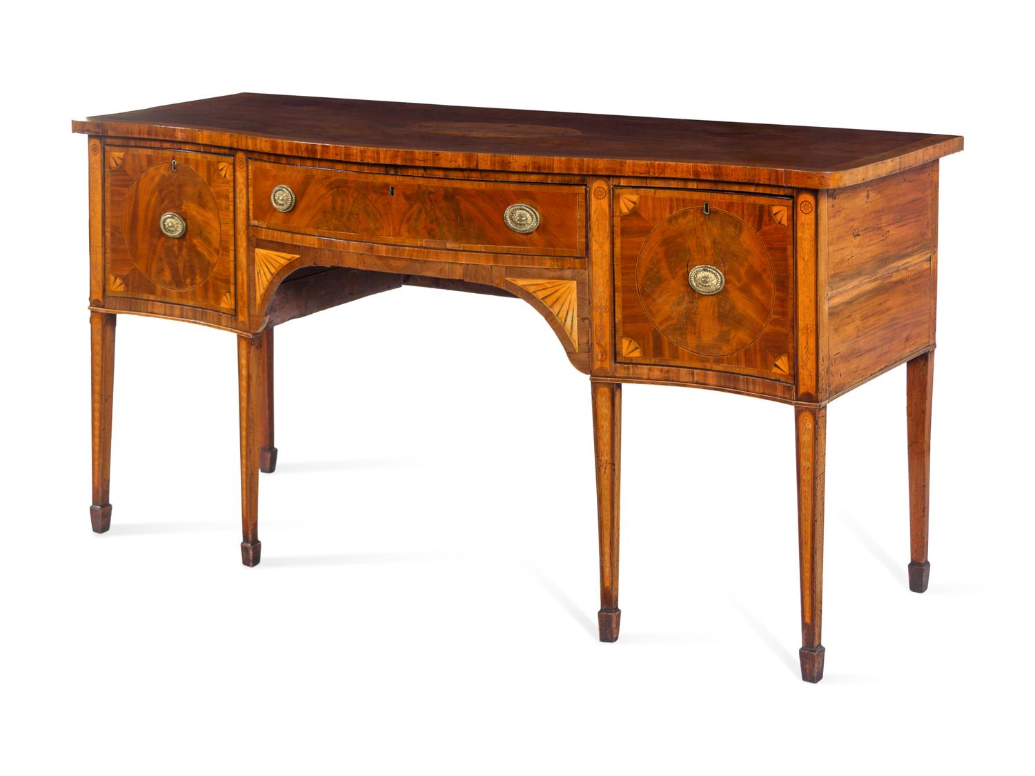 A George III Satinwood Inlaid Figured Mahogany Serpentine-Front Sideboard