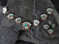 Zuni Mosaic Inlay Sunface Necklace and Clip Earrings, PLUS