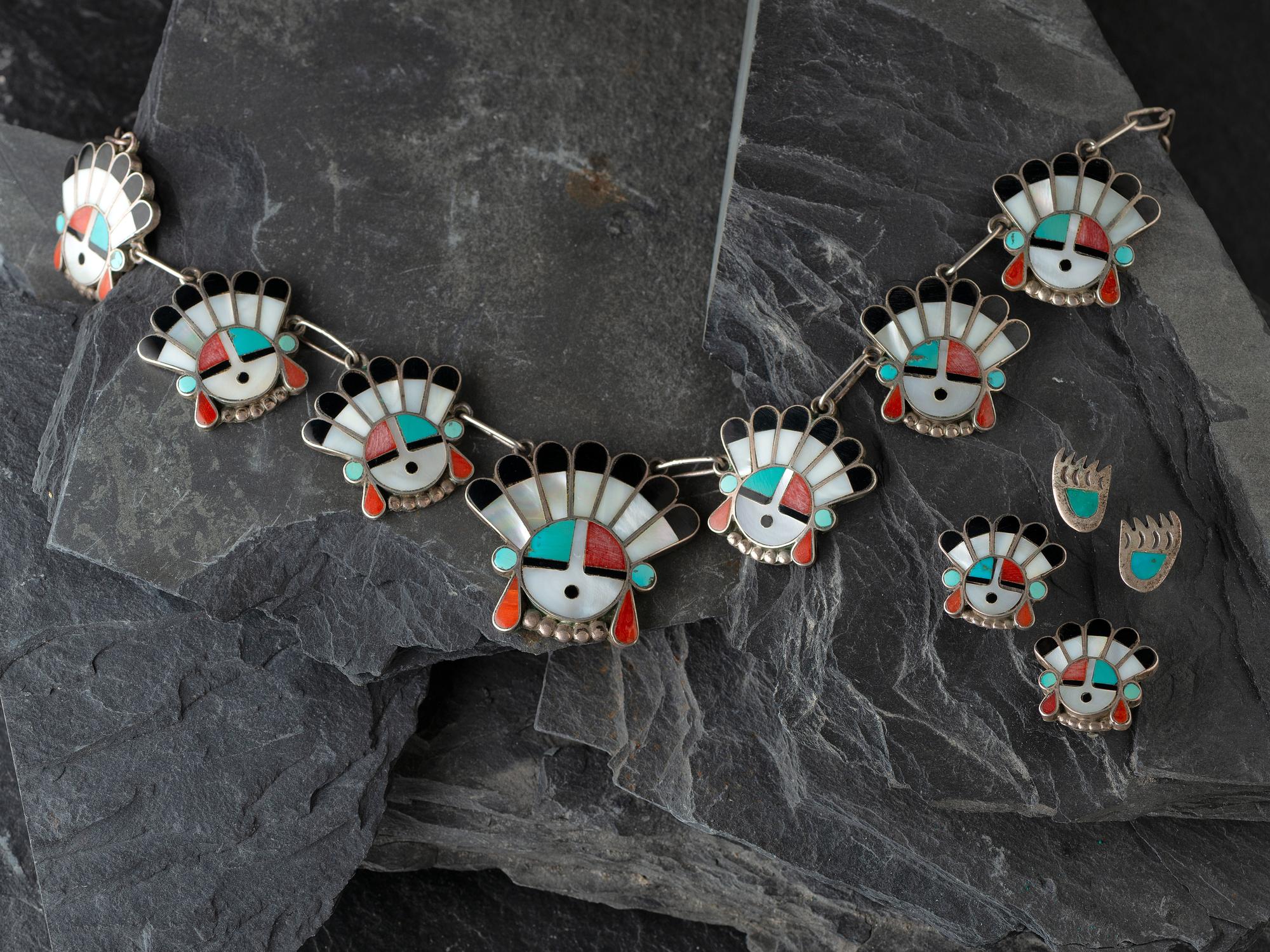 Zuni Mosaic Inlay Sunface Necklace and Clip Earrings, PLUS