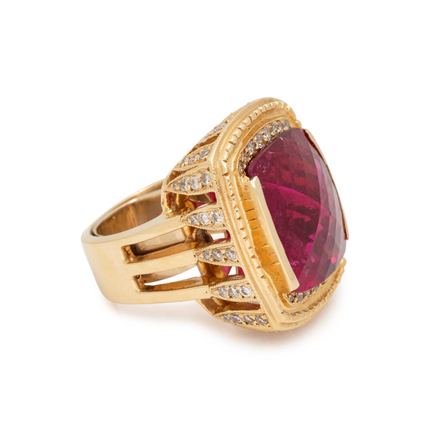 YELLOW GOLD, RUBELLITE TOURMALINE AND DIAMOND RING