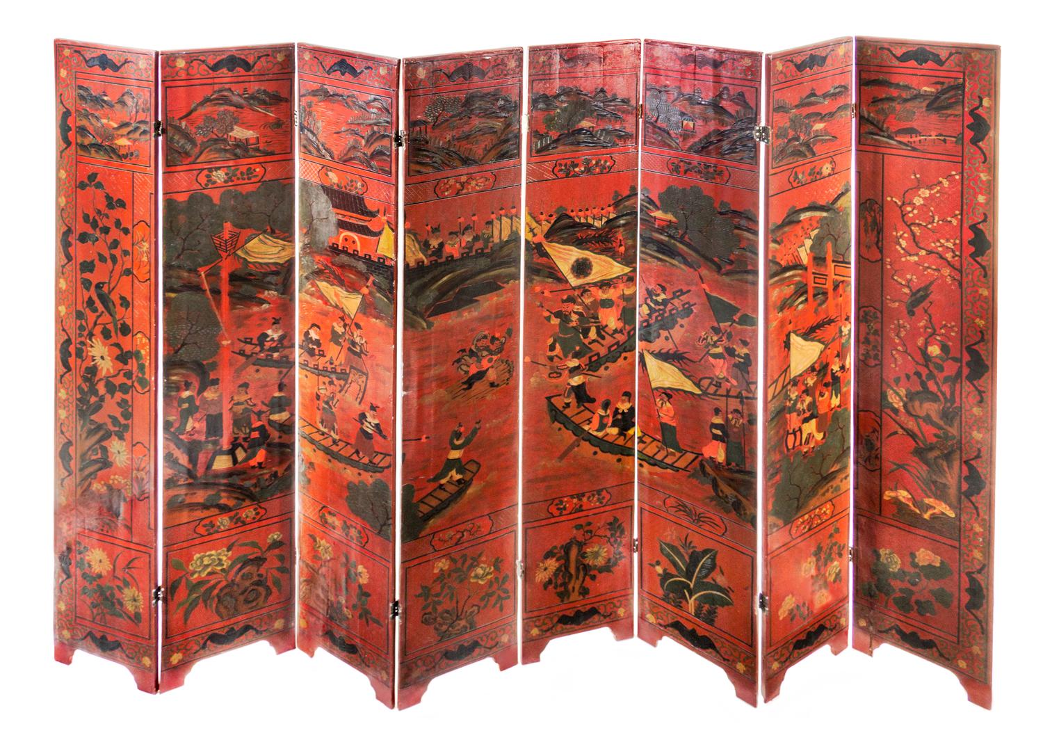 A Large Chinese Polychrome Painted Red Lacquered Floor Screen Height of each panel 92 1/4 x width 16 3/4 inches. — 19TH CENTURY