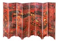 A Large Chinese Polychrome Painted Red Lacquered Floor Screen Height of each panel 92 1/4 x width 16 3/4 inches. — 19TH CENTURY