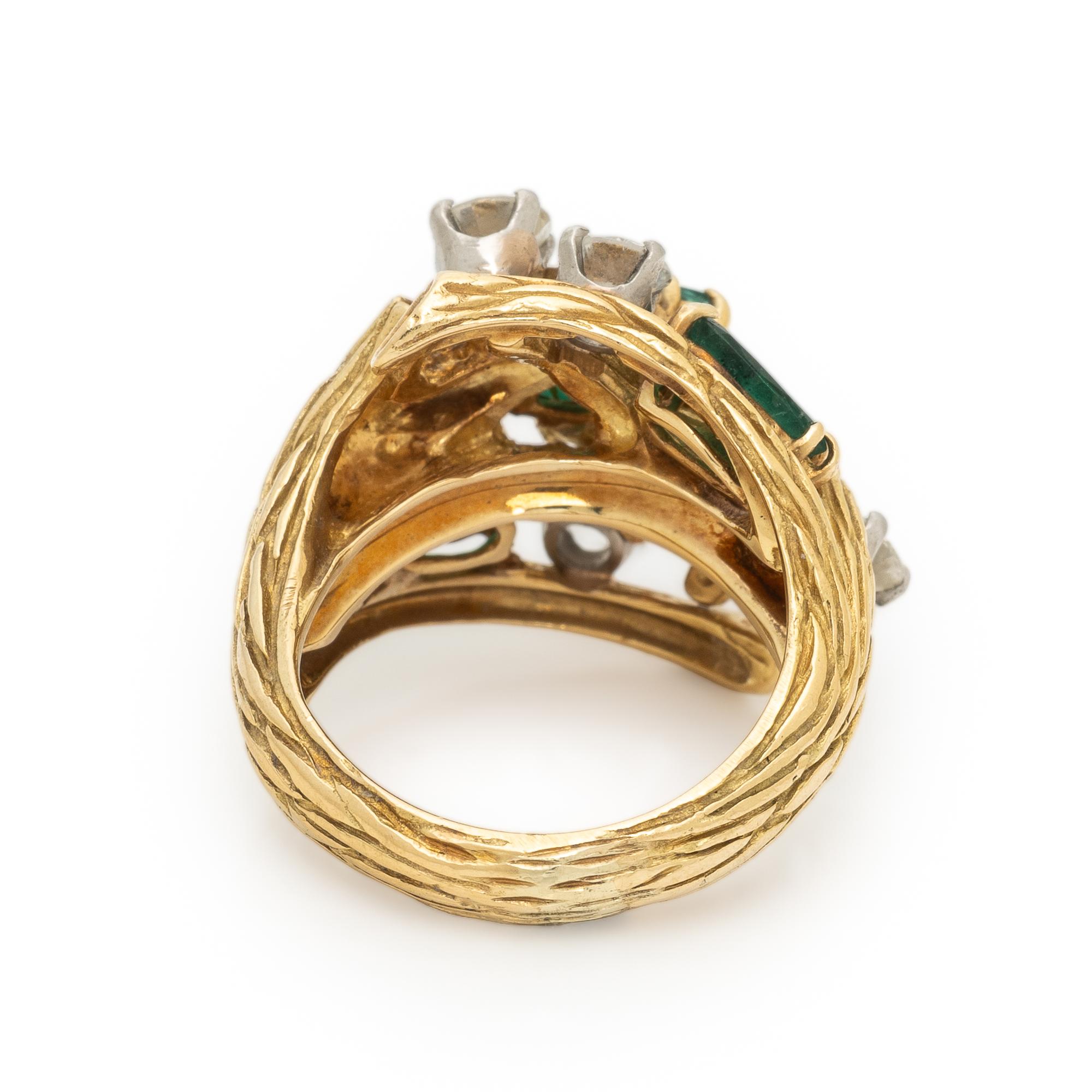 EMERALD, DIAMOND, AND YELLOW GOLD RING