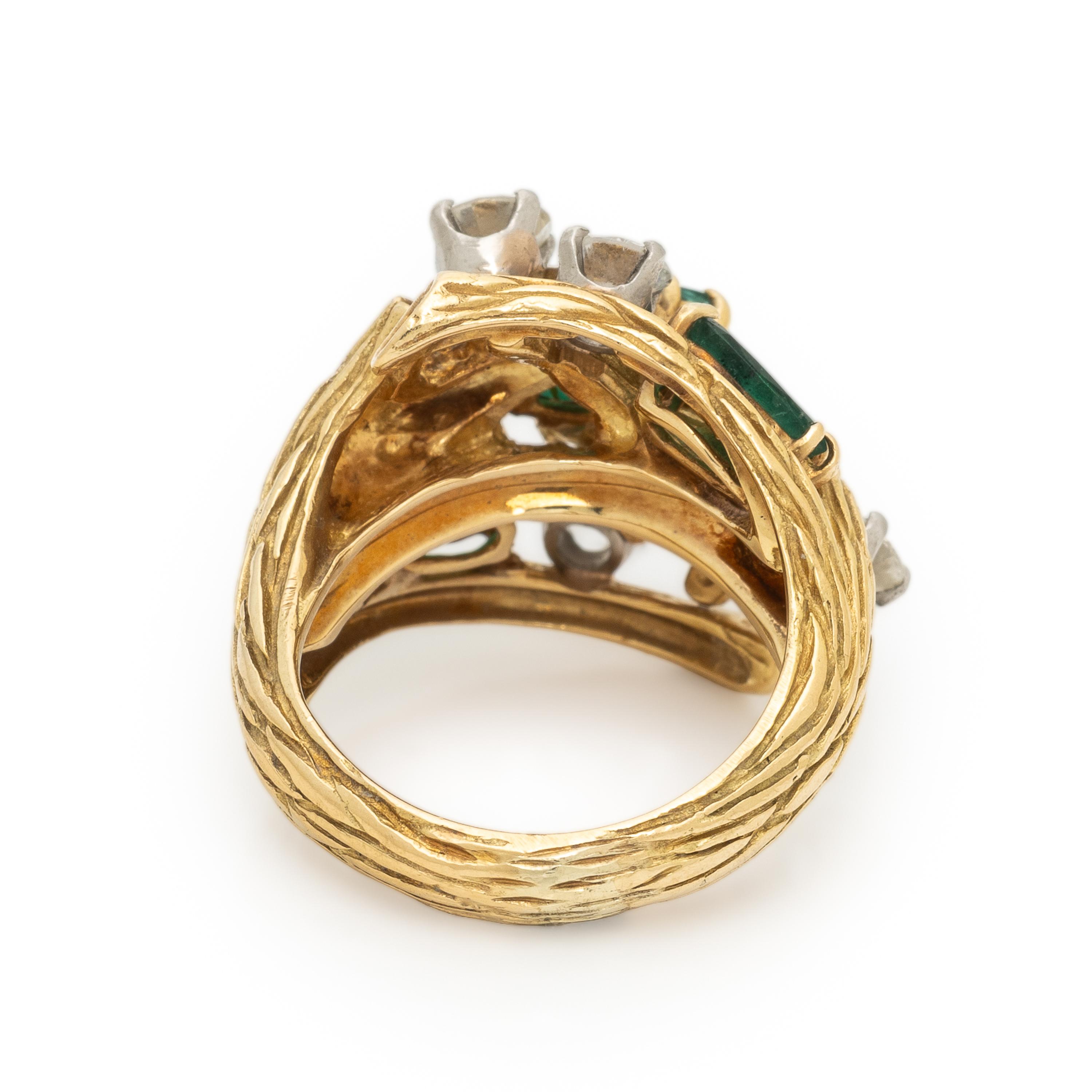 EMERALD, DIAMOND, AND YELLOW GOLD RING