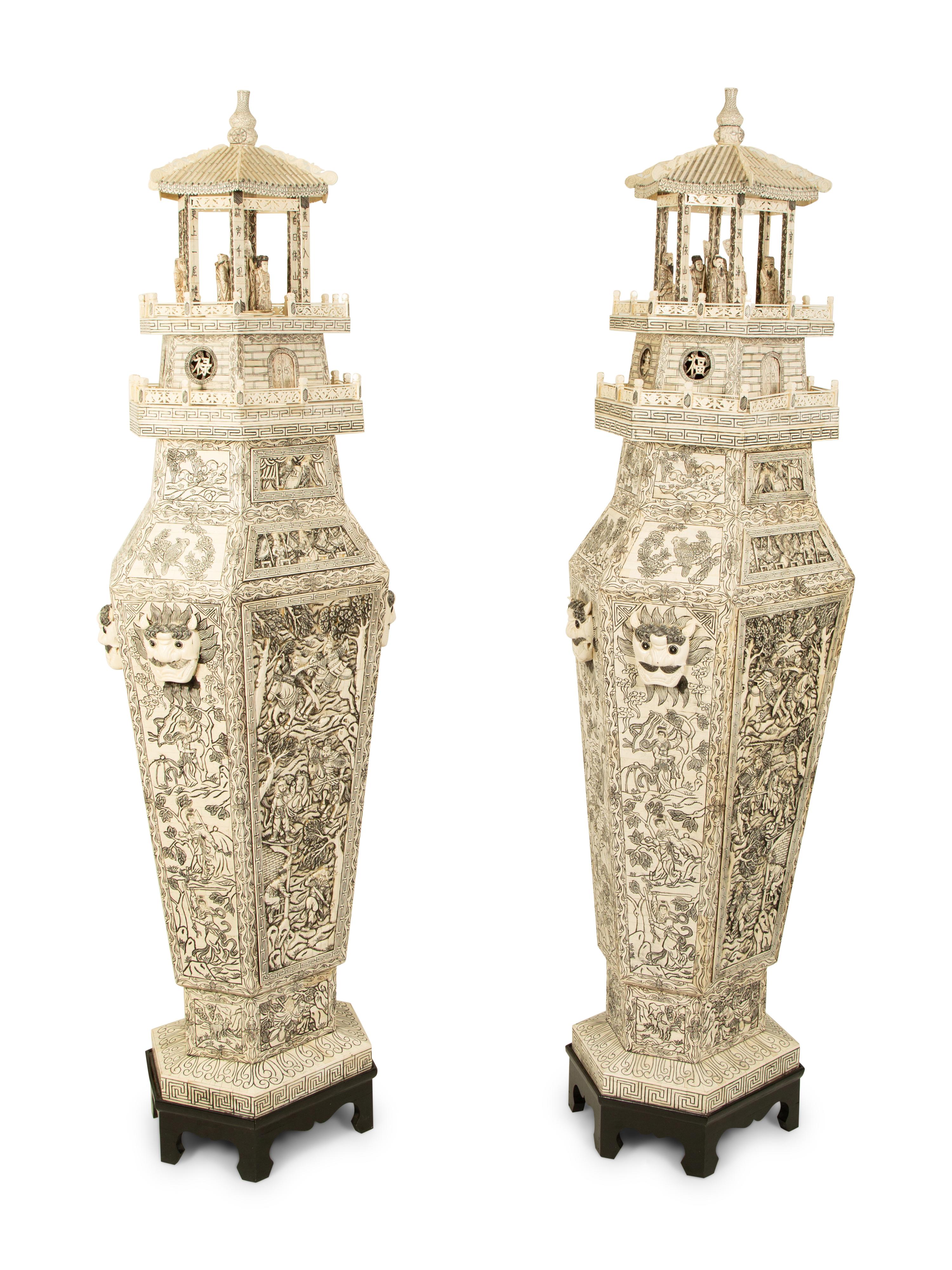 A Pair of Chinese Monumental Carved Bone Palace Vases with Pagoda Tops — 20TH CENTURY