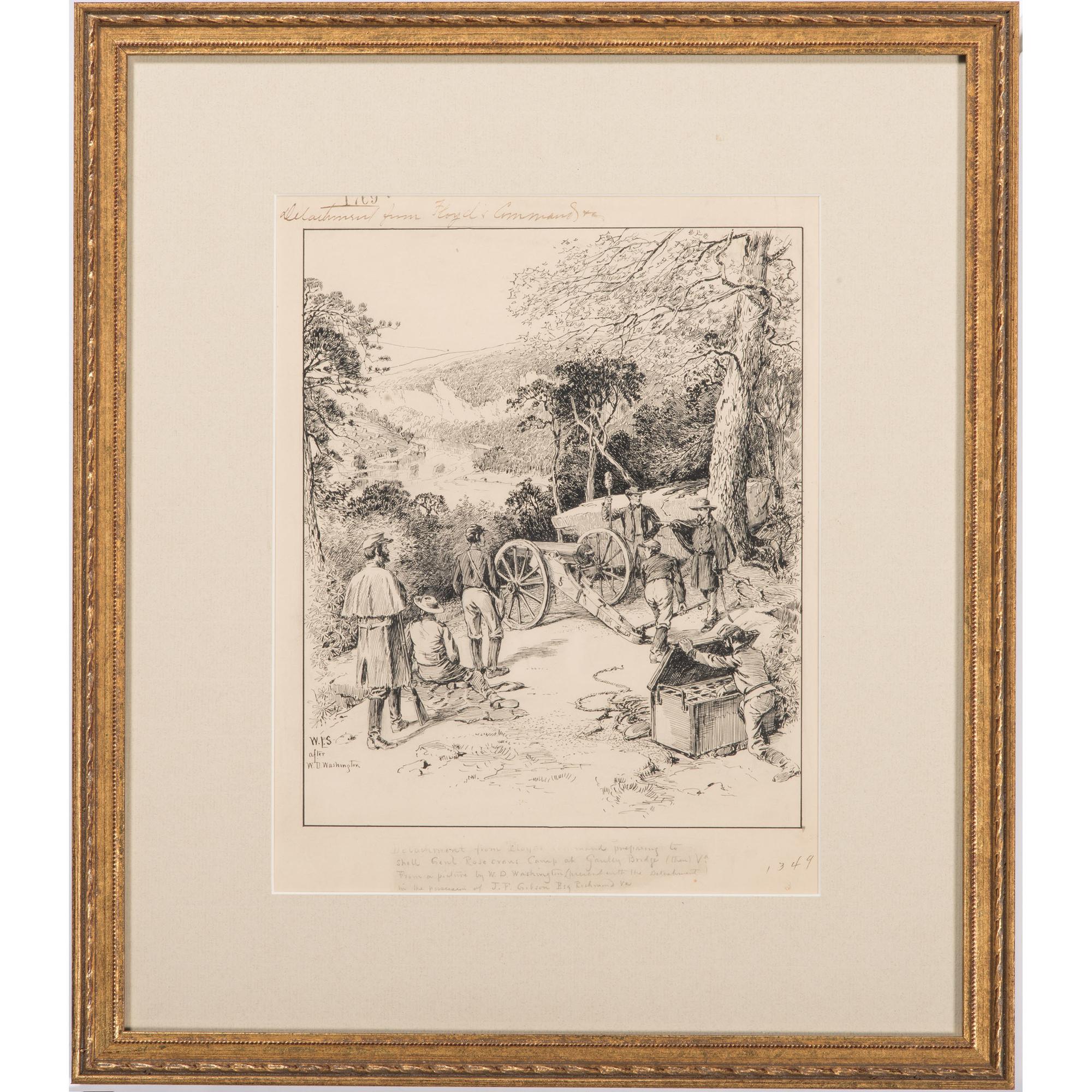 William Ludwell Sheppard, after W.D. Washington, Pen and Ink Sketch Depicting a Detachment from Floyd's Command at Gauley Bridge, WV