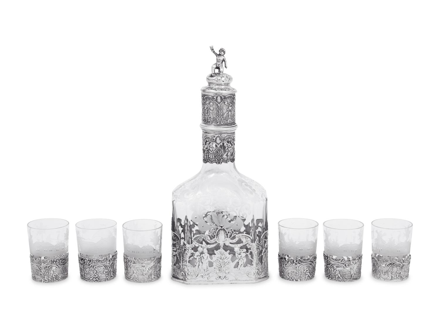 A Continental Silver Mounted Etched Glass Drink Service