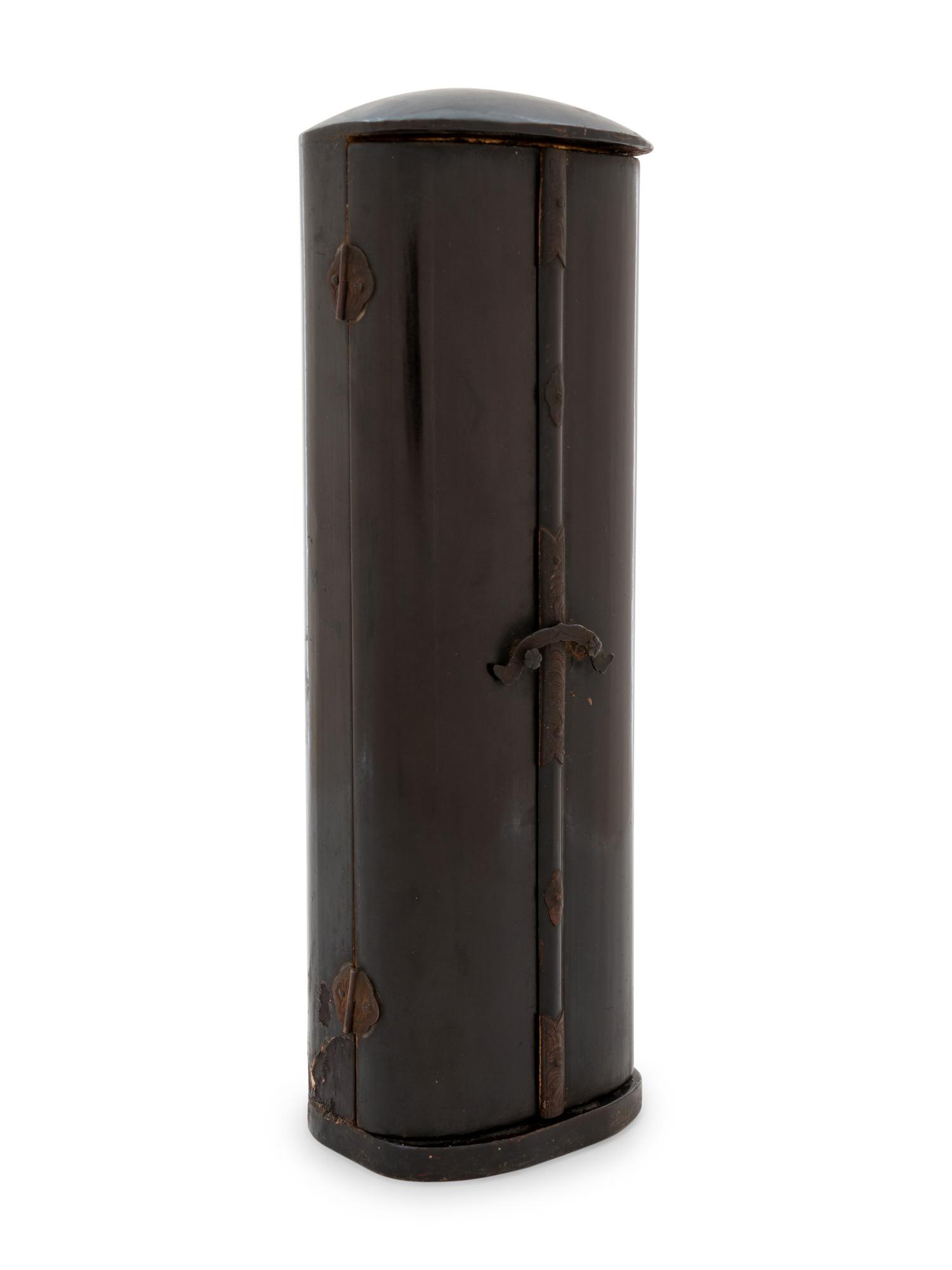 A Black and Gilt Lacquered Wood Shrine with a Gilt Wood Figure of Standing Buddha