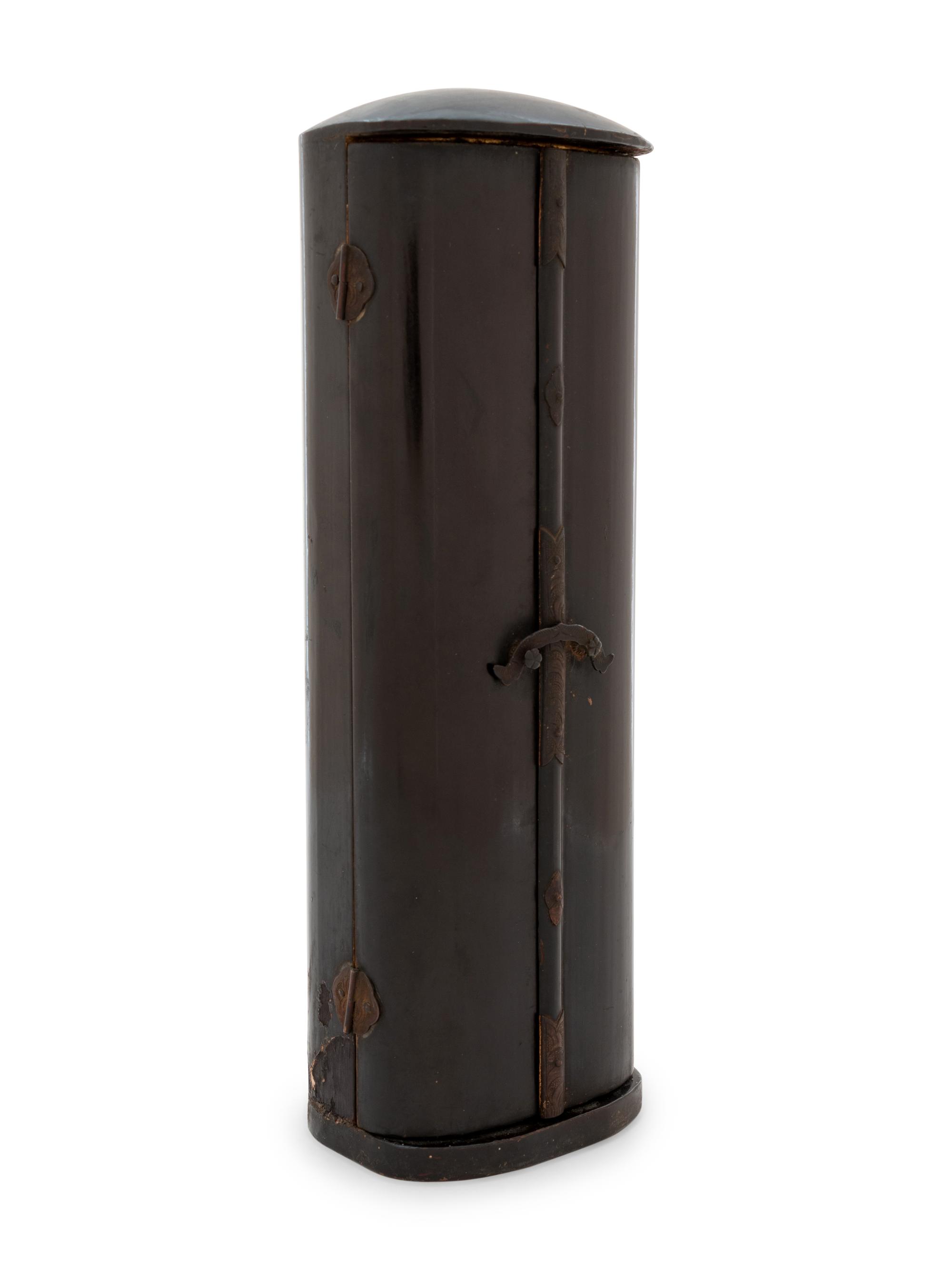 A Black and Gilt Lacquered Wood Shrine with a Gilt Wood Figure of Standing Buddha