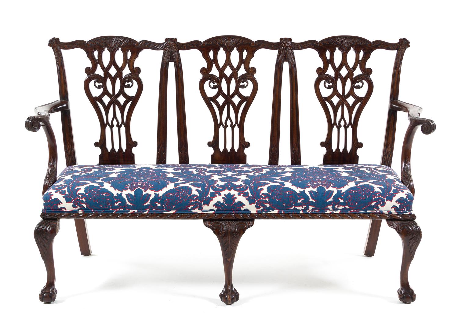 A Chippendale Style Mahogany Triple Back Settee Height 38 1/2 x width 62 inches x depth 21 1/2 inches. — 20TH CENTURY