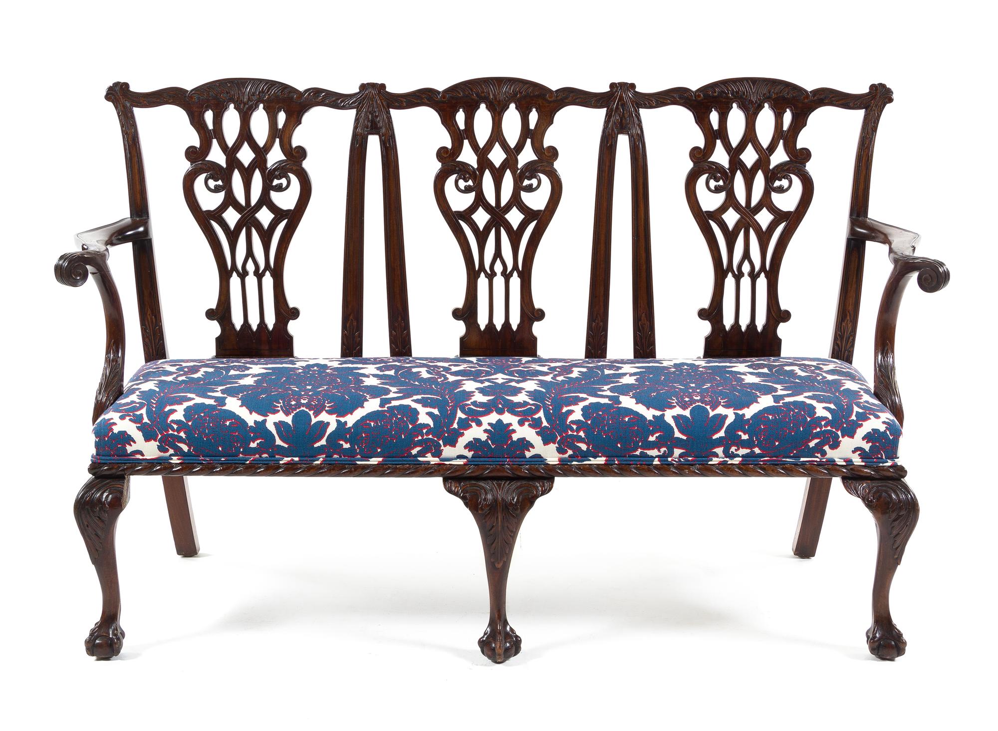 A Chippendale Style Mahogany Triple Back Settee Height 38 1/2 x width 62 inches x depth 21 1/2 inches. — 20TH CENTURY