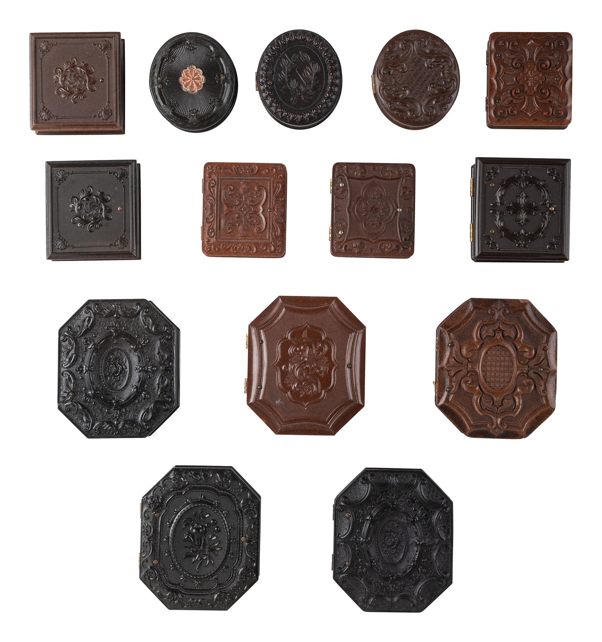 [EARLY PHOTOG.]. 23 oval & octagonal Union cases, incl. sixteenth, ninth, & sixth plate examples.