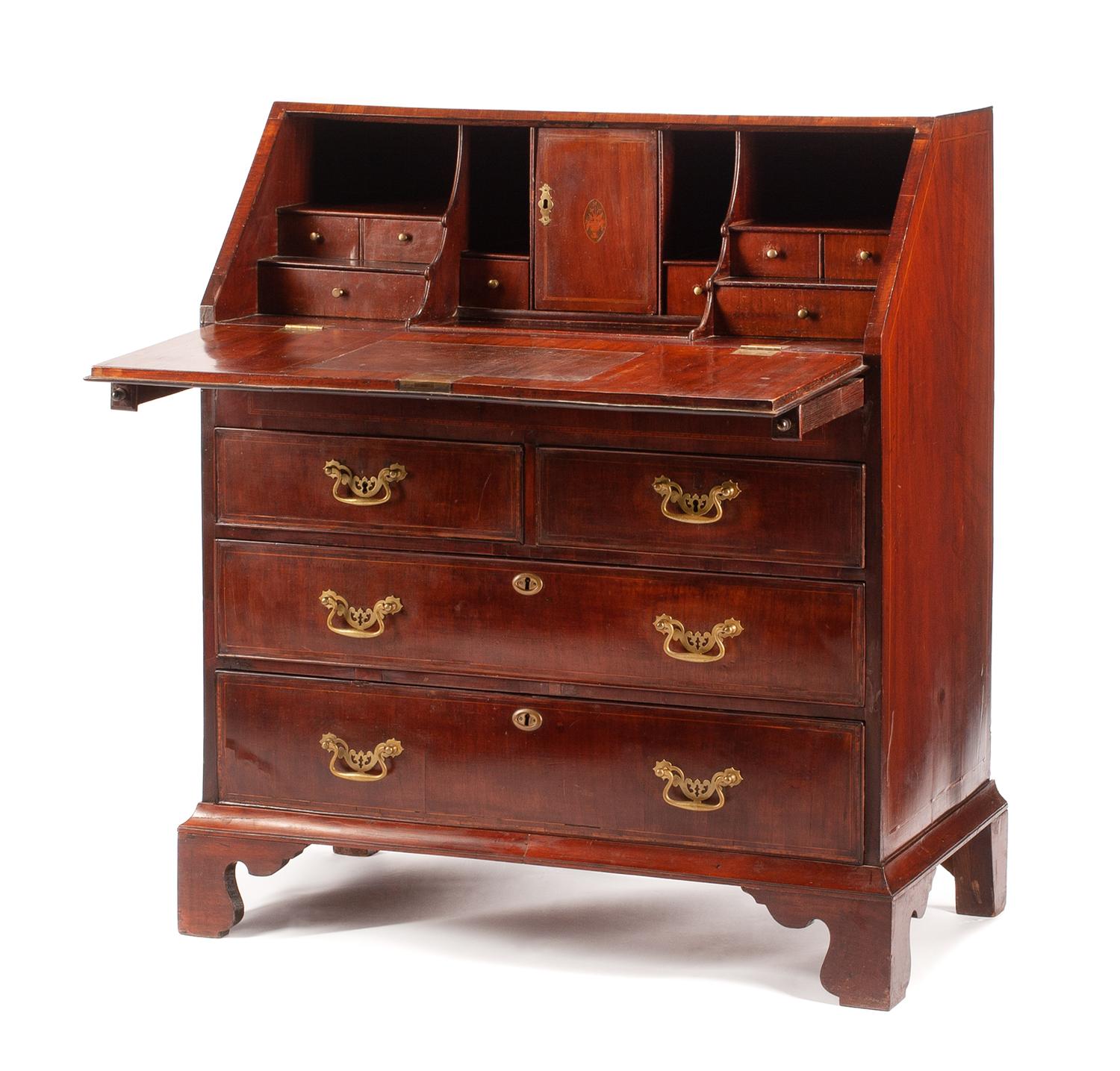 A George III Mahogany and Marquetry Slant-Front Desk Height 42 x width 36 x depth 20 inches. — LATE 18TH/EARLY 19TH CENTURY