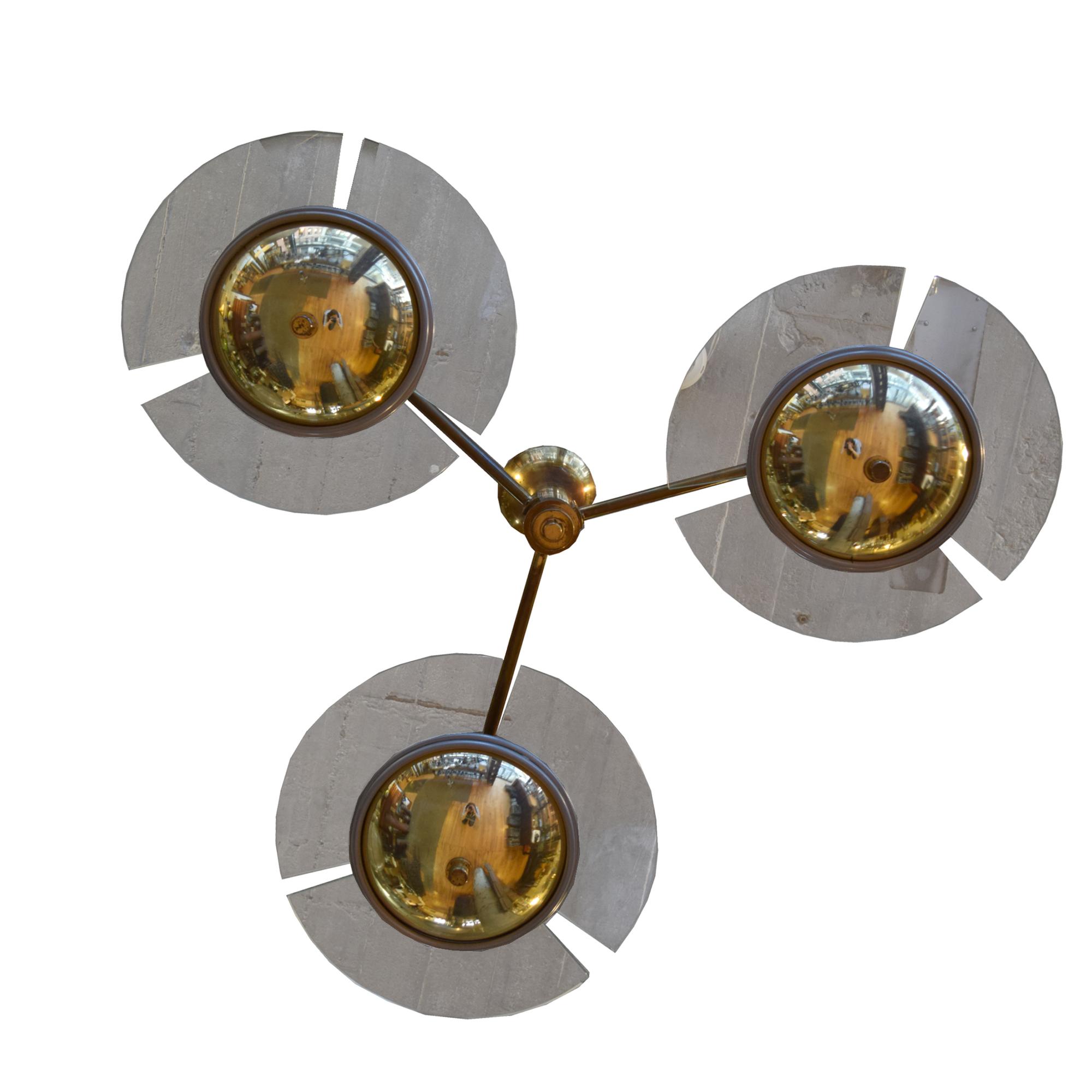 A Three Arm Brass and Glass Light Fixture 44" W x 44" D x 19" H — France, Mid-20th Century