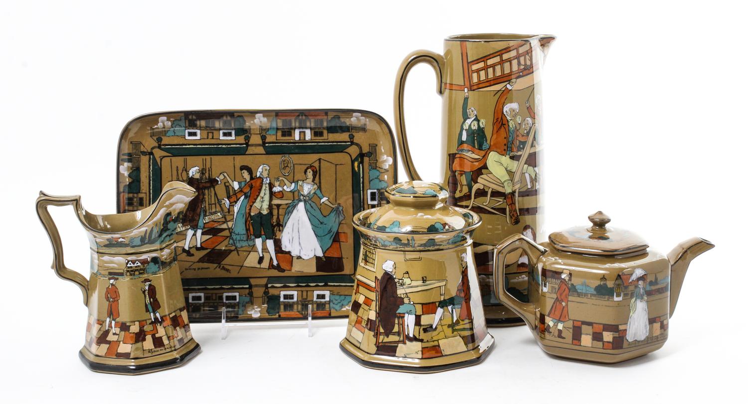 A Deldare Pottery Five Piece Set Height of tallest 12 1/4 inches.