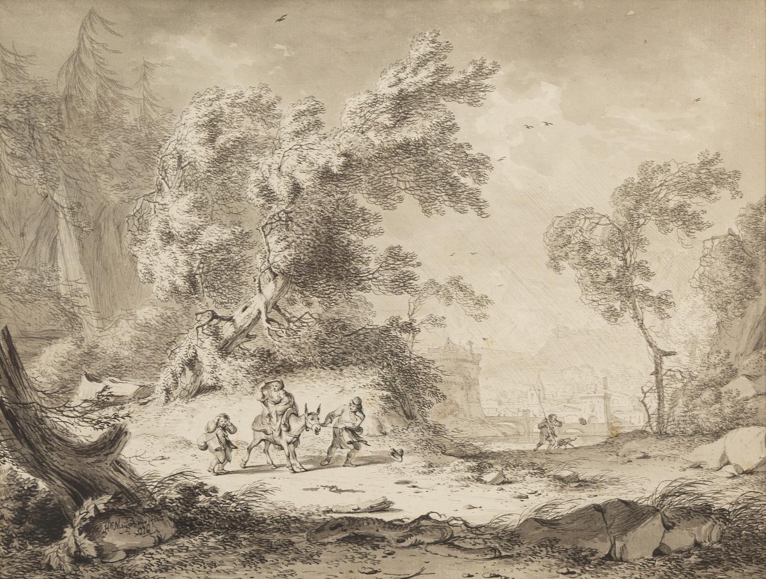 Hendrick de Meijer, (Dutch, 1744-1793), A Wooded Landscape with Peasants Resting and Travelers in a Windy Landscape, 1776 (a pair of wo