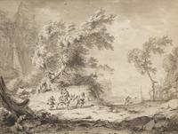 Hendrick de Meijer, (Dutch, 1744-1793), A Wooded Landscape with Peasants Resting and Travelers in a Windy Landscape, 1776 (a pair of wo
