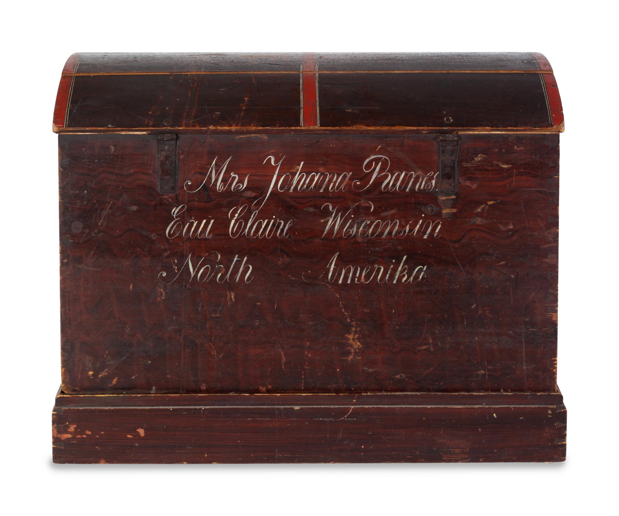A Molded, Grain-Painted and Stencil-Decorated Pine Dome-Top Blanket Chest — Dated 1868