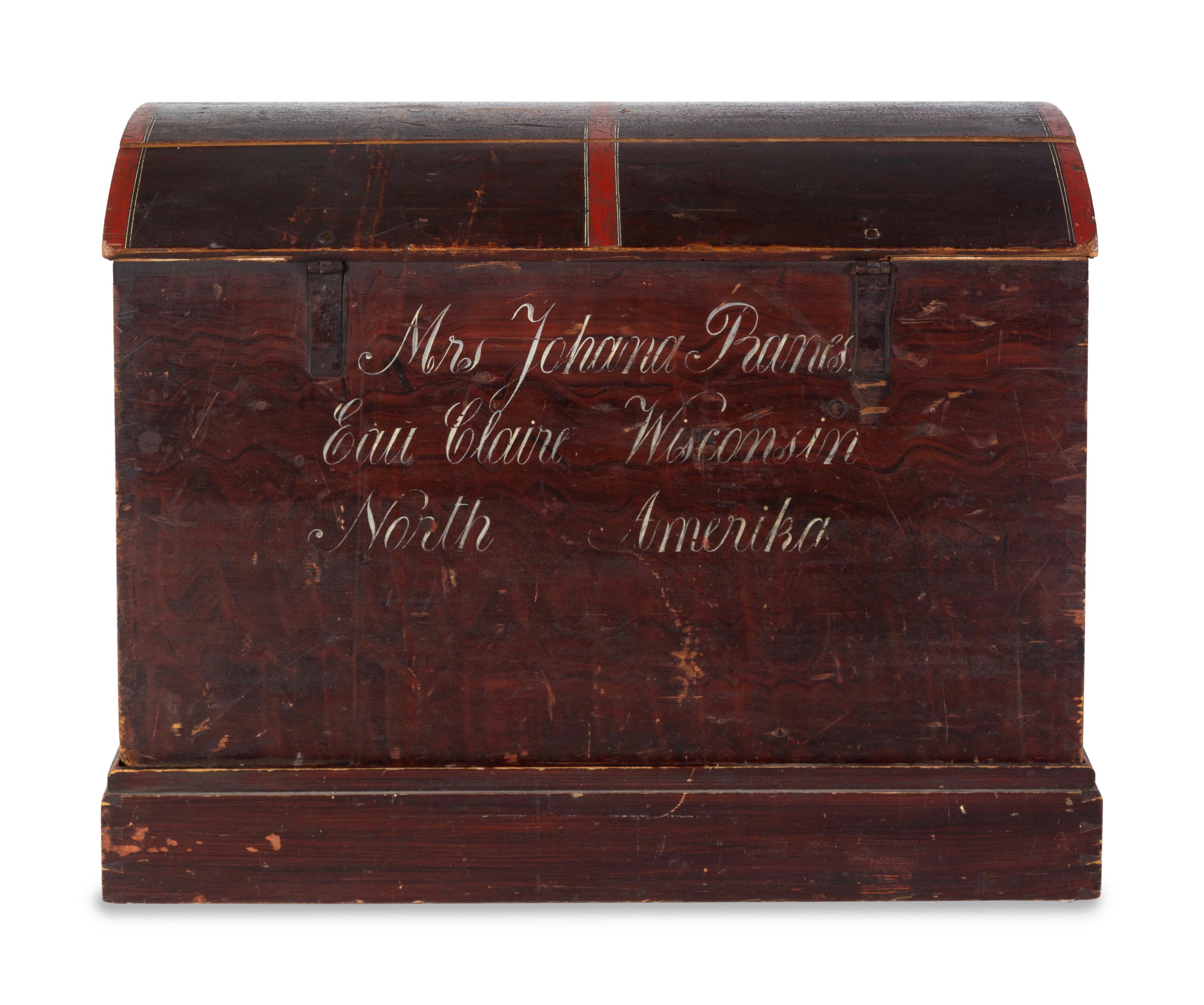 A Molded, Grain-Painted and Stencil-Decorated Pine Dome-Top Blanket Chest — Dated 1868