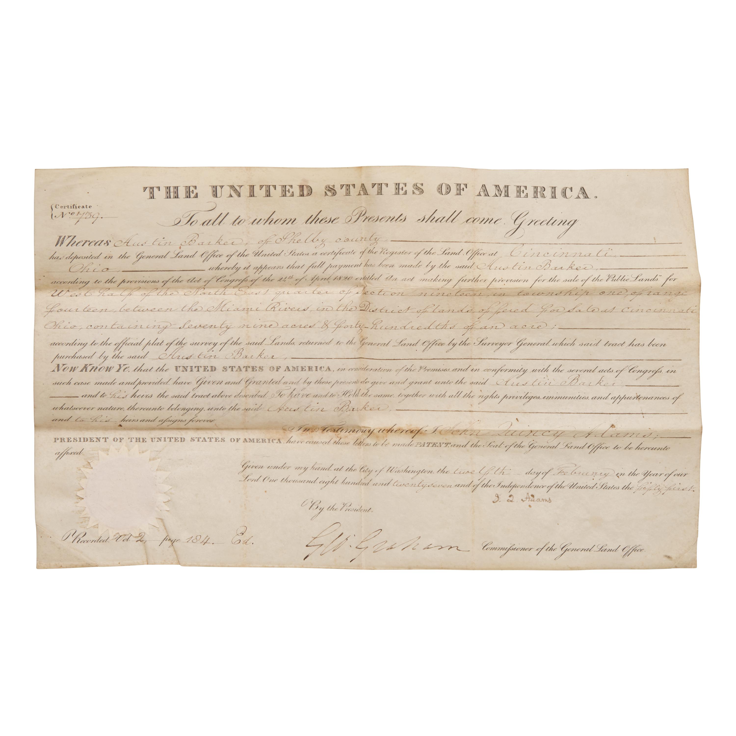 [Presidential] Adams, John Quincy. Partially-Printed Document, signed
