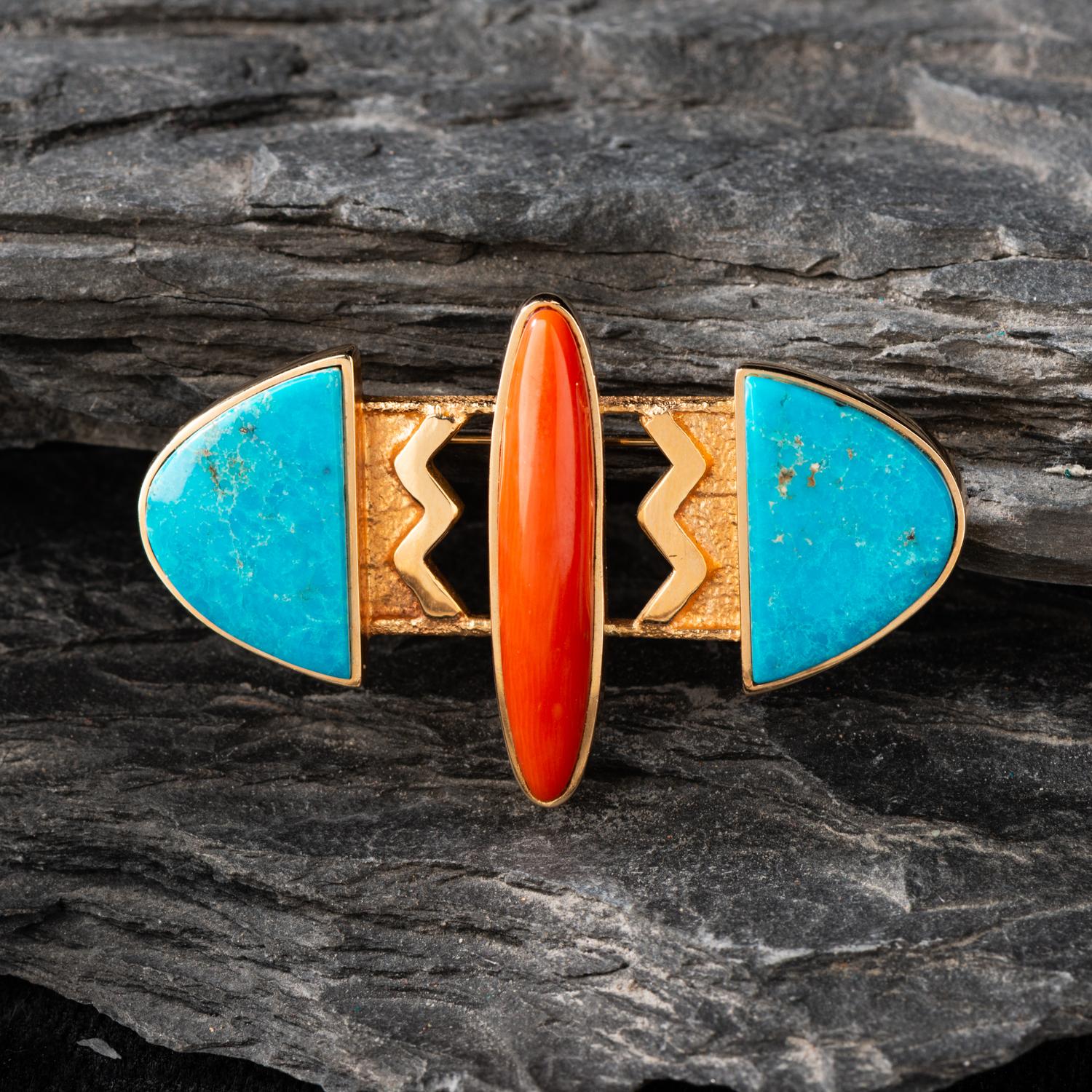 Harvey Austin Begay (Diné, 1938-2009) — 14K Gold, Turquoise, and Coral Pin / Brooch