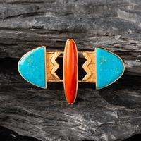 Harvey Austin Begay (Diné, 1938-2009) — 14K Gold, Turquoise, and Coral Pin / Brooch