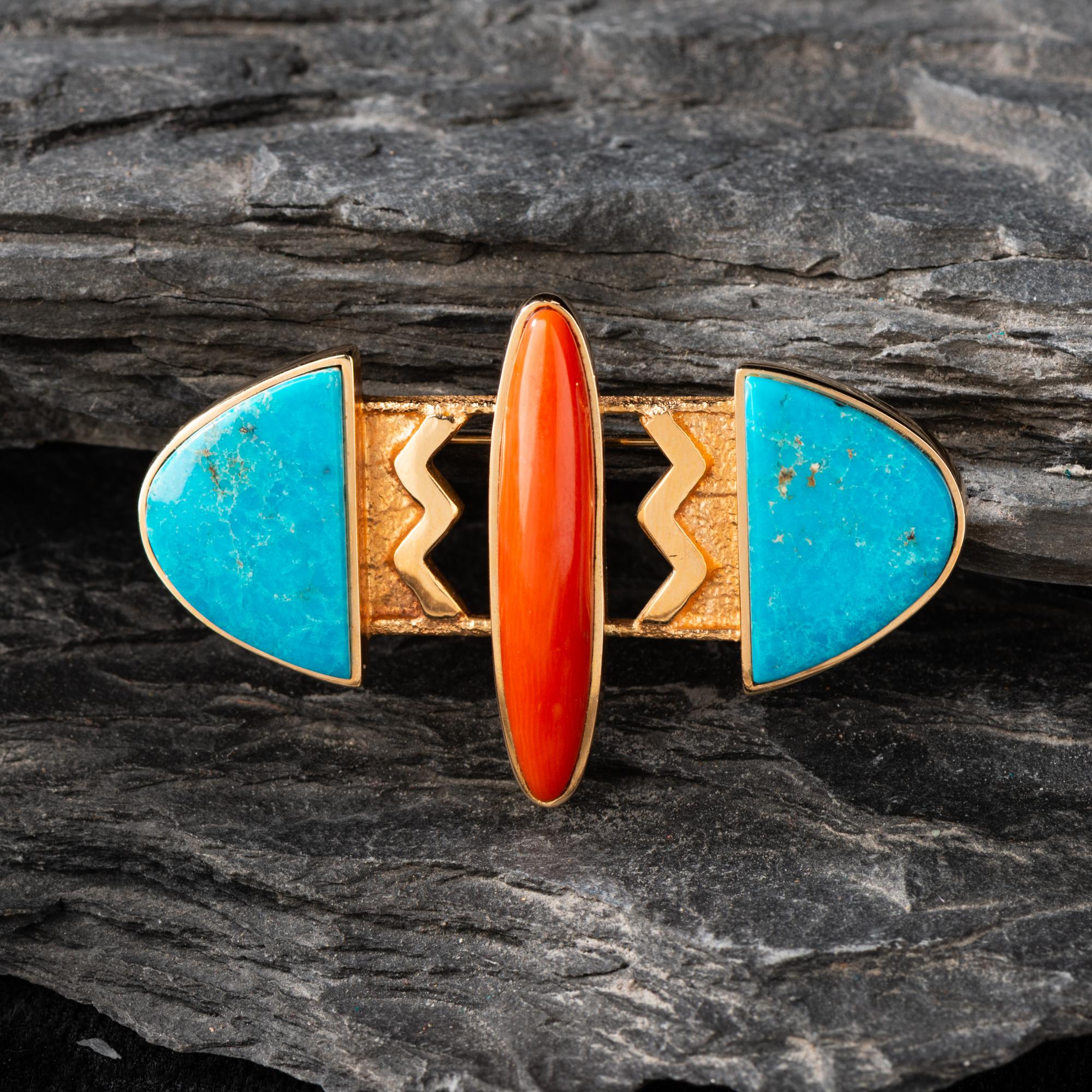 Harvey Austin Begay (Diné, 1938-2009) — 14K Gold, Turquoise, and Coral Pin / Brooch