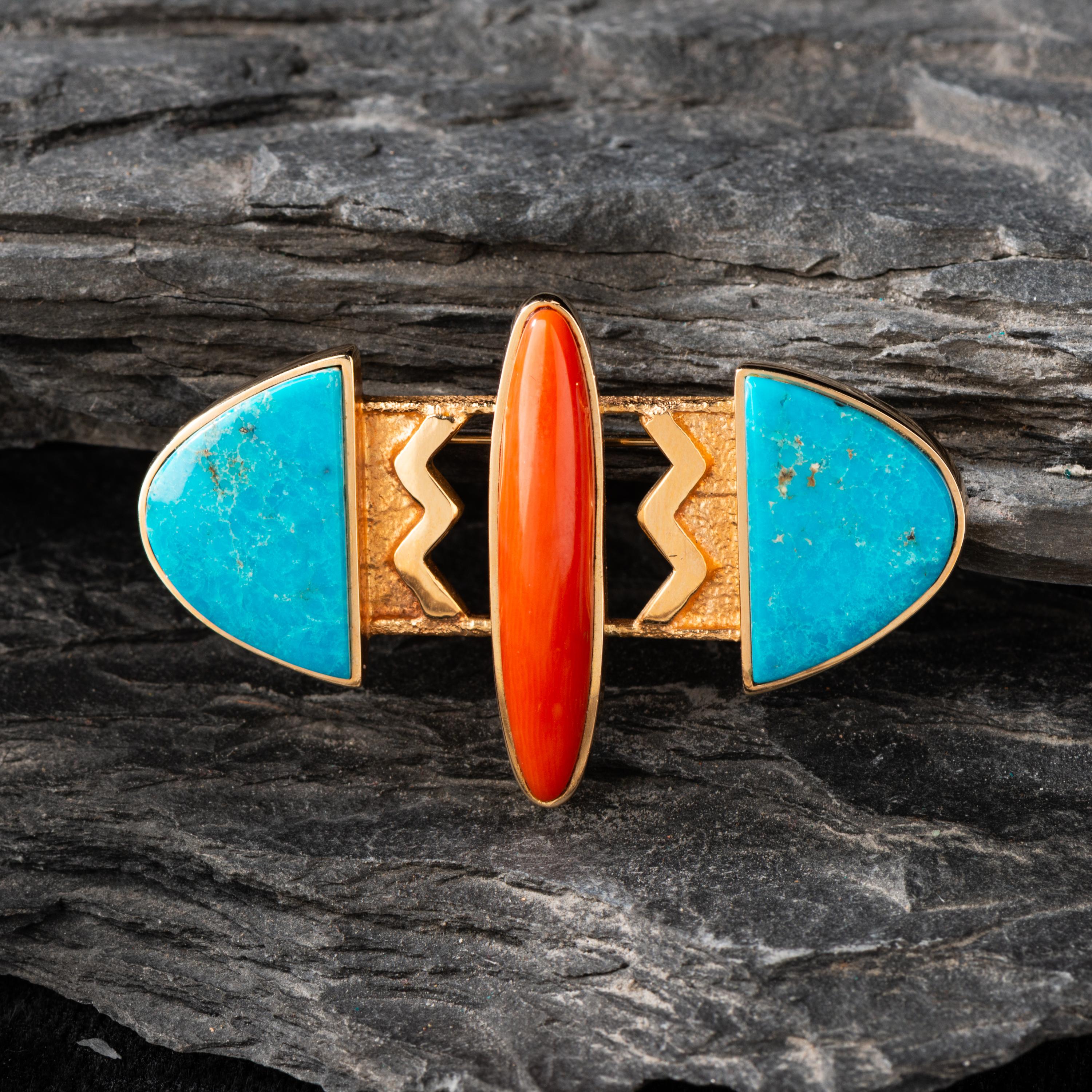 Harvey Austin Begay (Diné, 1938-2009) — 14K Gold, Turquoise, and Coral Pin / Brooch