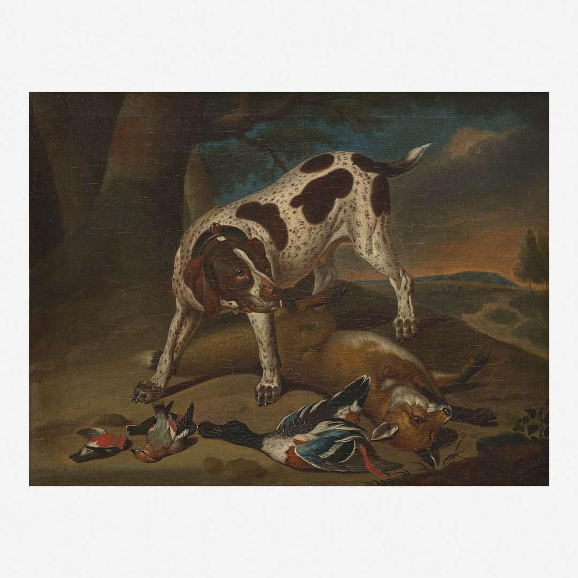 Attributed to Carl Wilhelm de Hamilton (Flemish, 1668–1754) Hound, Fox and Hunt Trophies in a Landscape