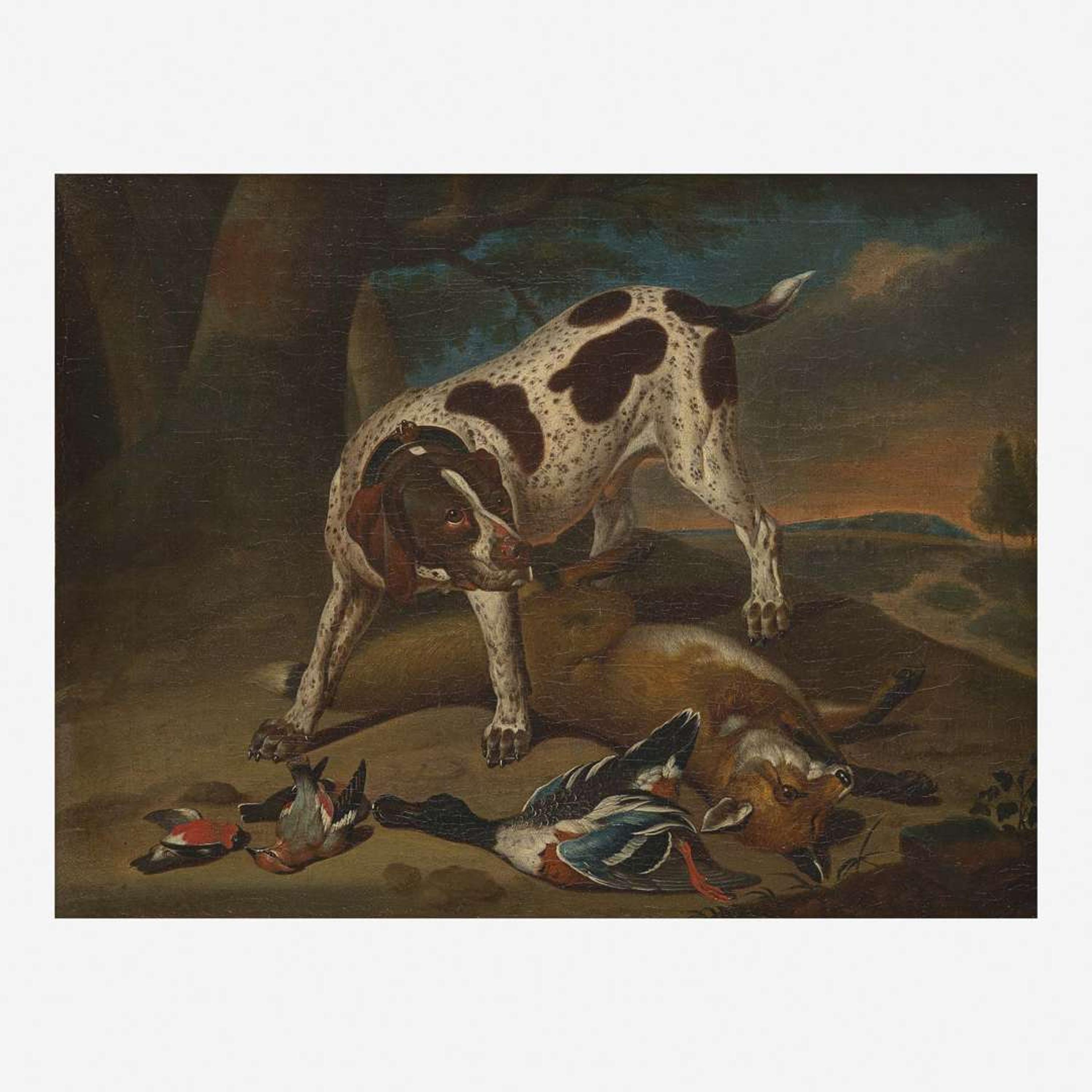 Attributed to Carl Wilhelm de Hamilton (Flemish, 1668–1754) Hound, Fox and Hunt Trophies in a Landscape