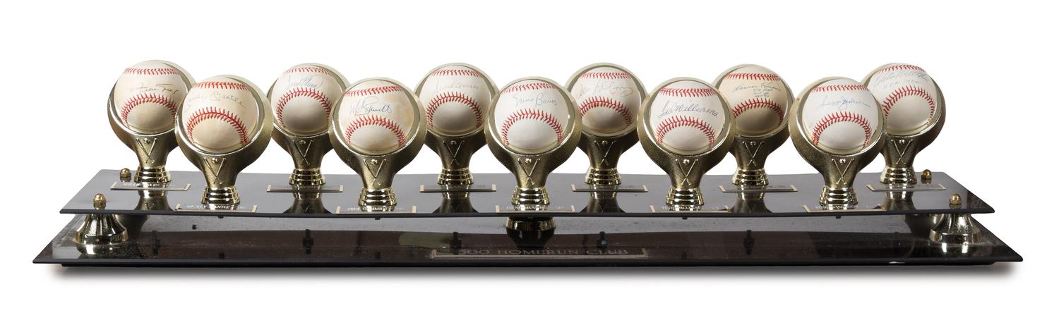A Collection of Eleven 500 Home Run Club Autographed Baseballs Height of display case 9 inches x width 36 1/2 x depth 10 inches.