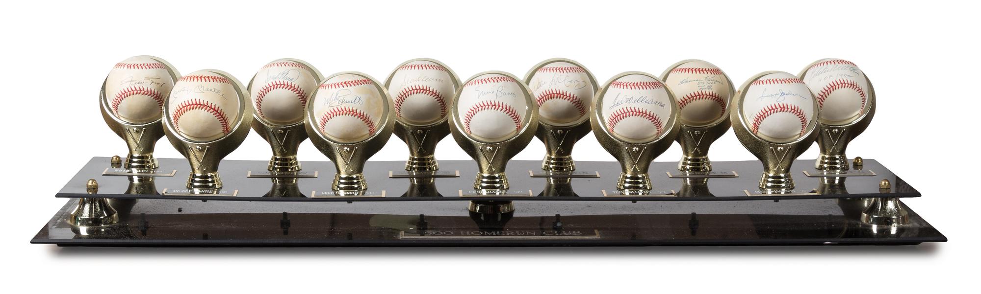 A Collection of Eleven 500 Home Run Club Autographed Baseballs Height of display case 9 inches x width 36 1/2 x depth 10 inches.