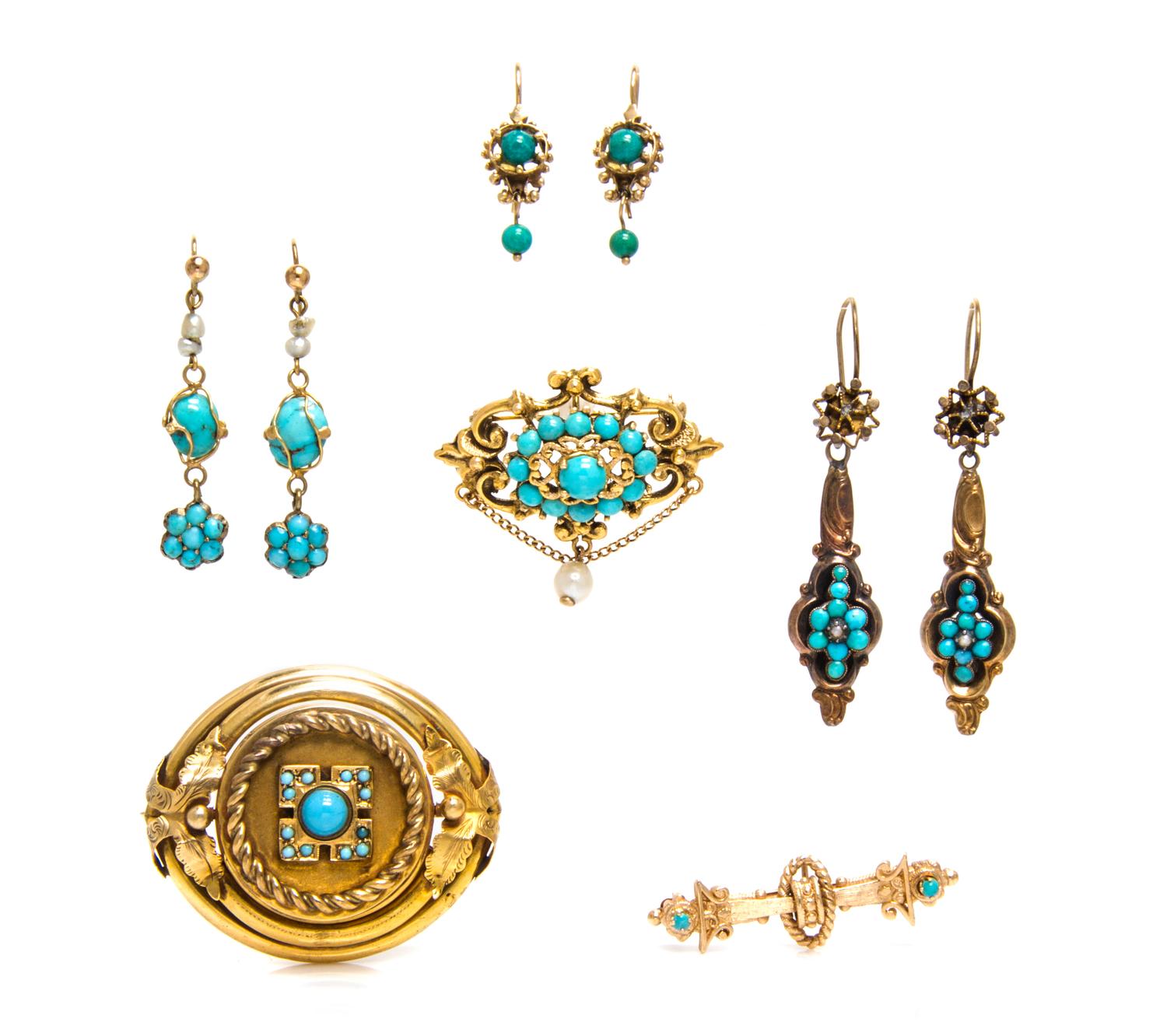 A Collection of Gold, Gold Tone, Turquoise and Pearl Jewelry, 24.70 dwts.
