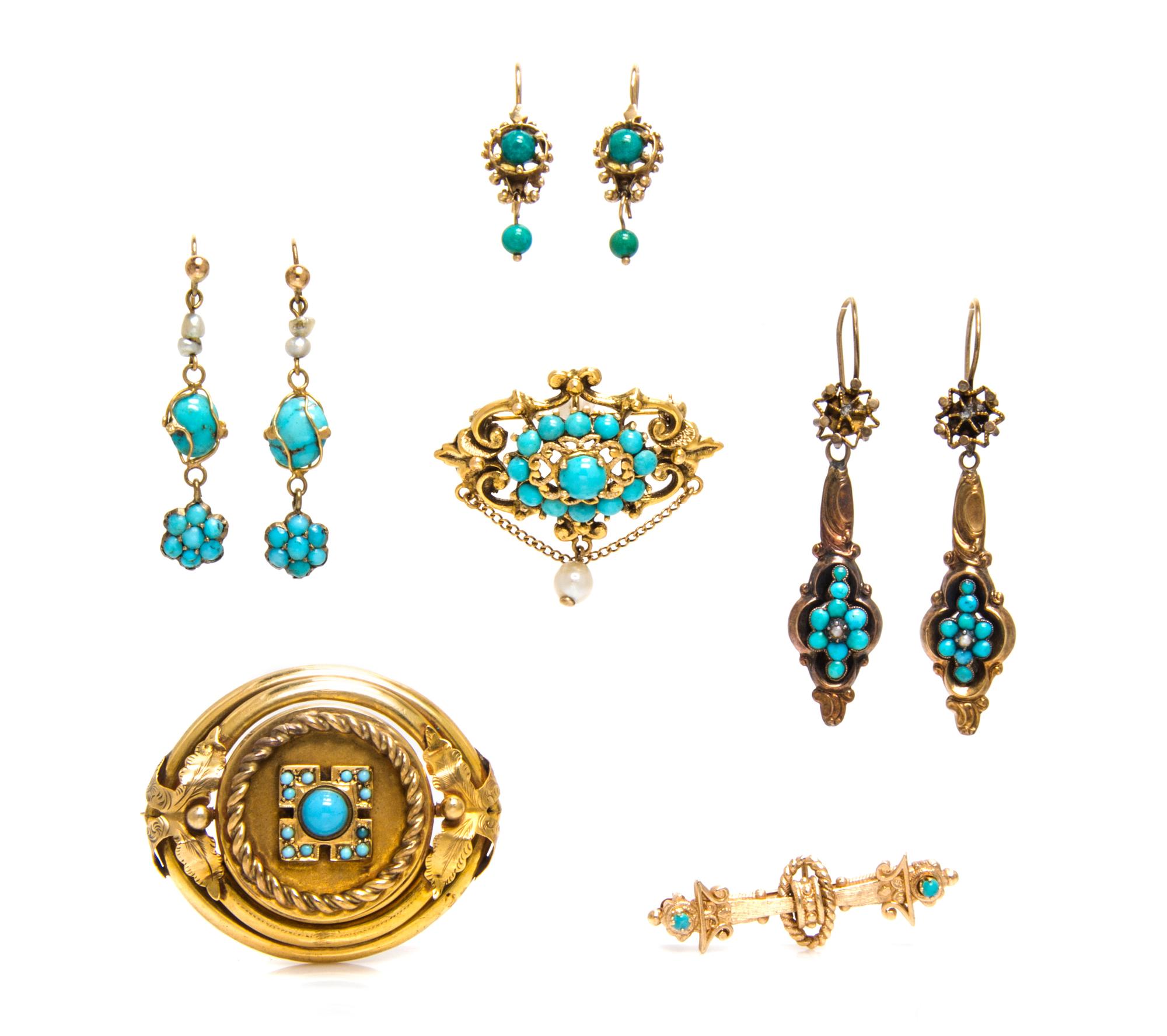 A Collection of Gold, Gold Tone, Turquoise and Pearl Jewelry, 24.70 dwts.