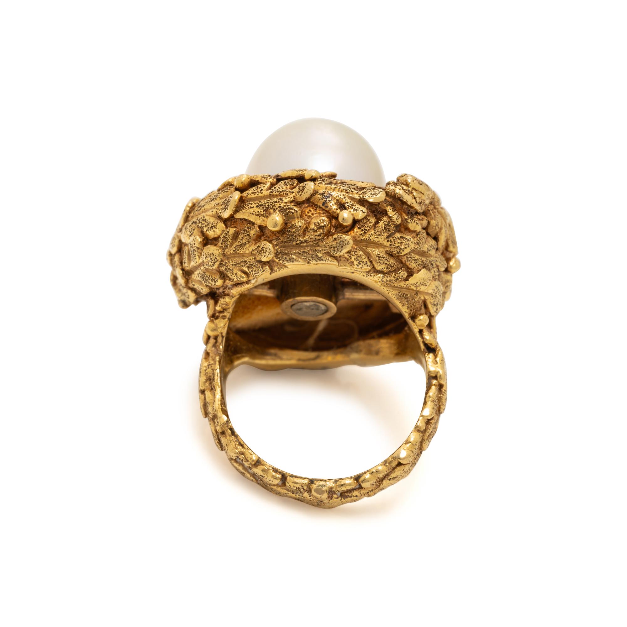 Yellow Gold and Cultured Pearl Foliate Ring