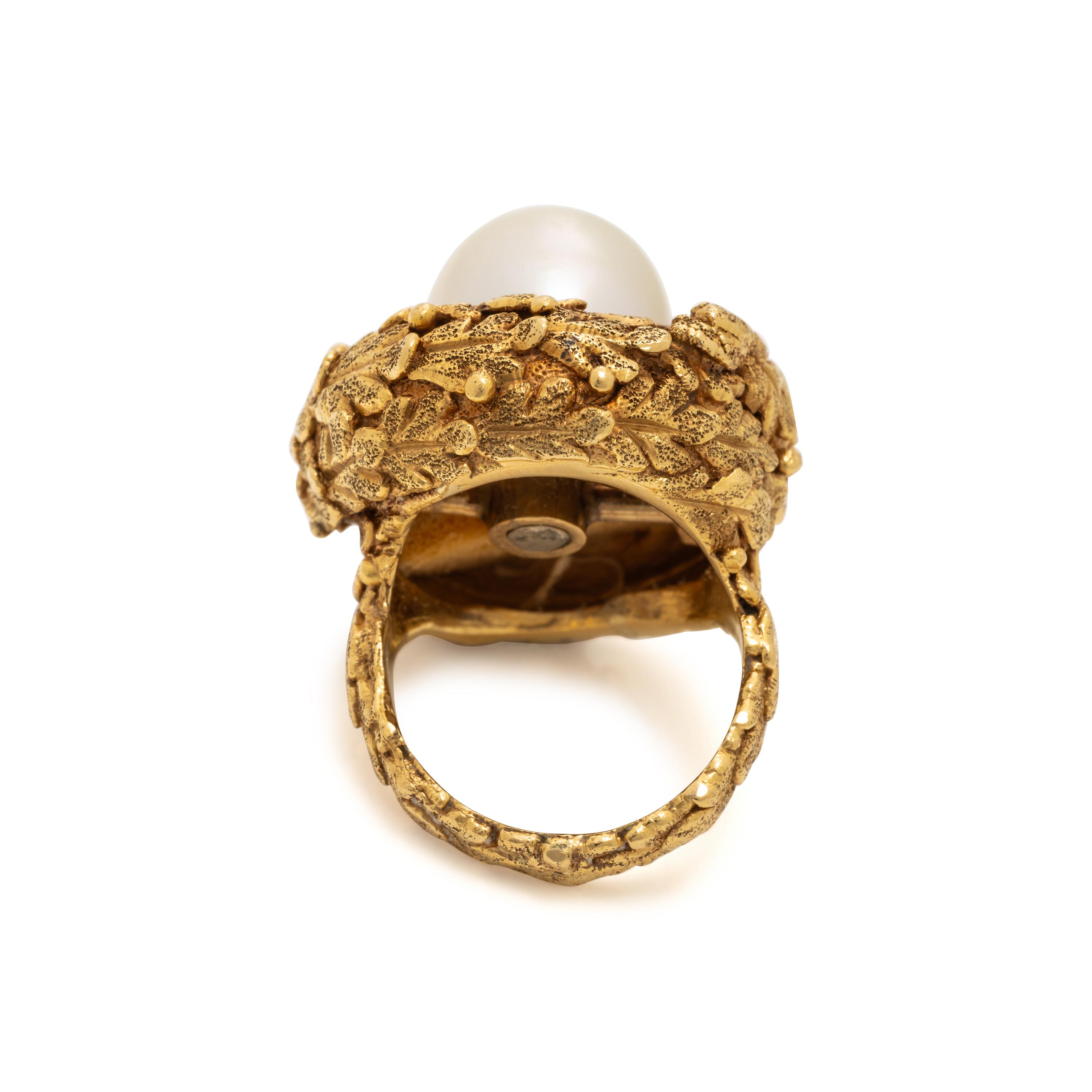 Yellow Gold and Cultured Pearl Foliate Ring